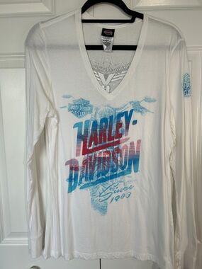 Harley-Davidson White Long-Sleeve V-Neck Shirt with Blue and Pink Graphic